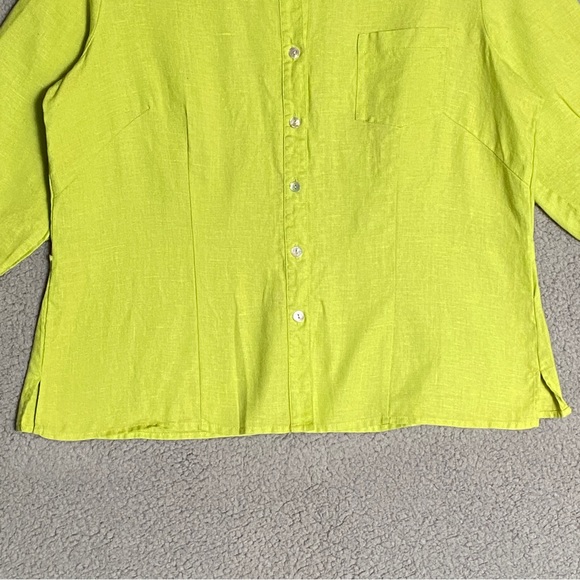 100% Linen Blouse Womens Size XL Flouresent Green Button Up - Picture 5 of 13